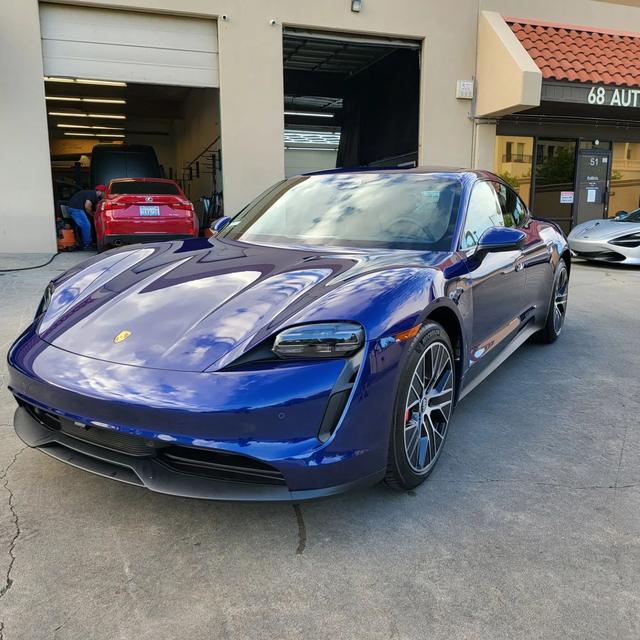 Blue Porsche Taycan at 68 Auto Film in Milpitas